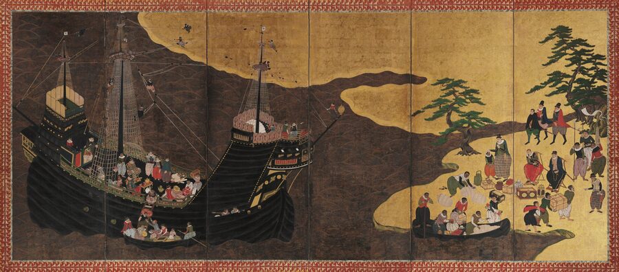 Nanban byōbu folding screen attributed to Kanō Domi showing the Portuguese carrack and Jesuit procession arriving at Nagasaki port