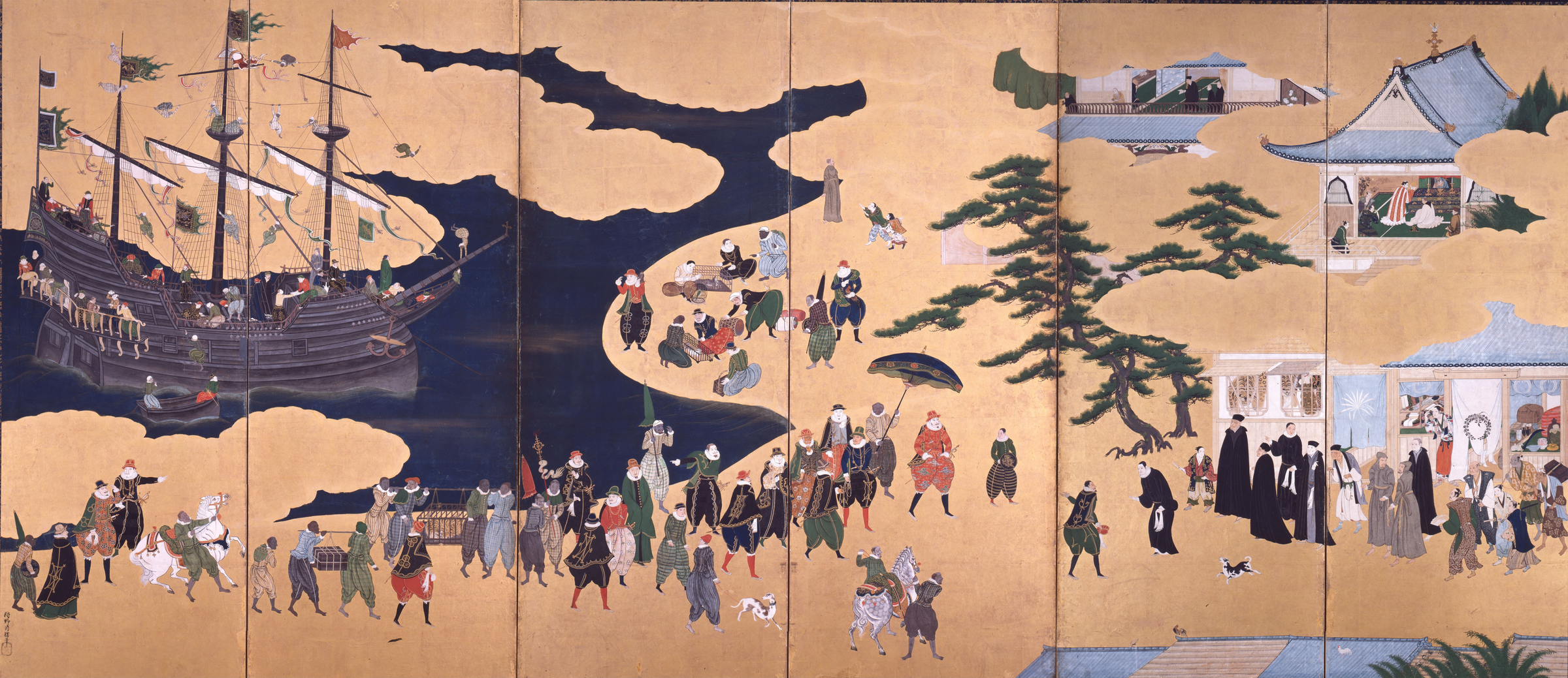 Nanban screen by Kanō Naizen depicting Portuguese traders, Jesuit missionaries, and a Black ship arriving at Nagasaki in the late 16th century