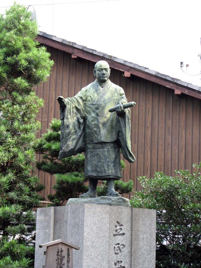 Bronze statue of Nichiren founder of Nichiren Buddhism Lotus Sutra school of Kamakura era Buddhism