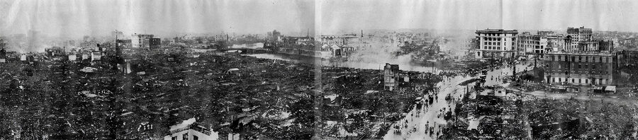 Wide-angle aerial photograph of Nihonbashi and Kanda districts of Tokyo flattened after the 1923 earthquake