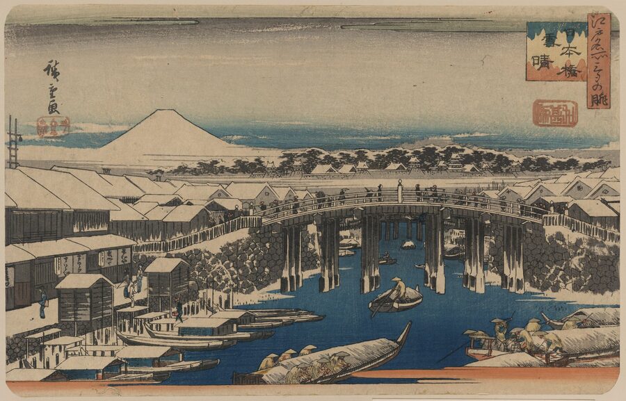Hiroshige ukiyo-e print of Edo's Nihonbashi bridge in the snow, with travelers and porters crossing