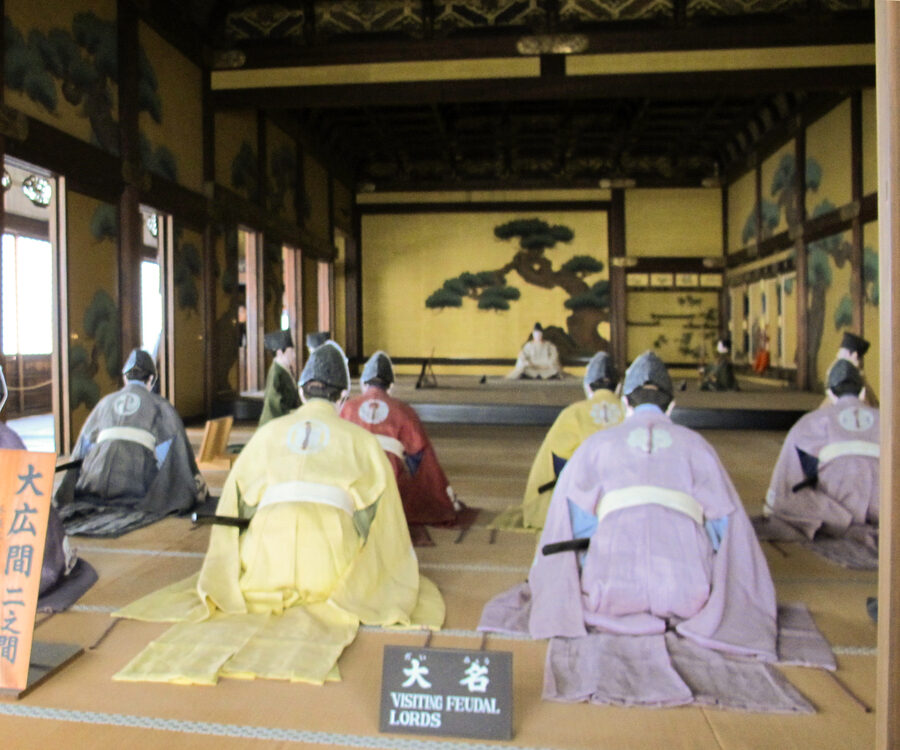 Interior of Nijo Castle's Ohiroma audience hall with painted screens and tatami flooring in Kyoto