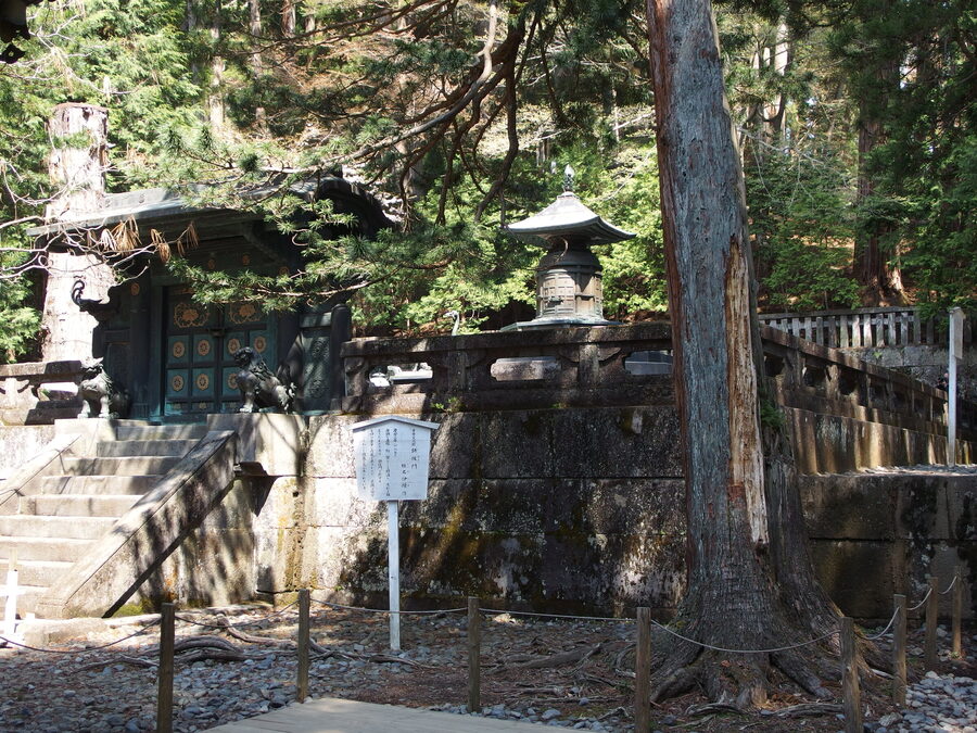 Tokugawa Ieyasu's mausoleum at Nikko Toshogu Shrine with traditional bronze and stone funerary structures