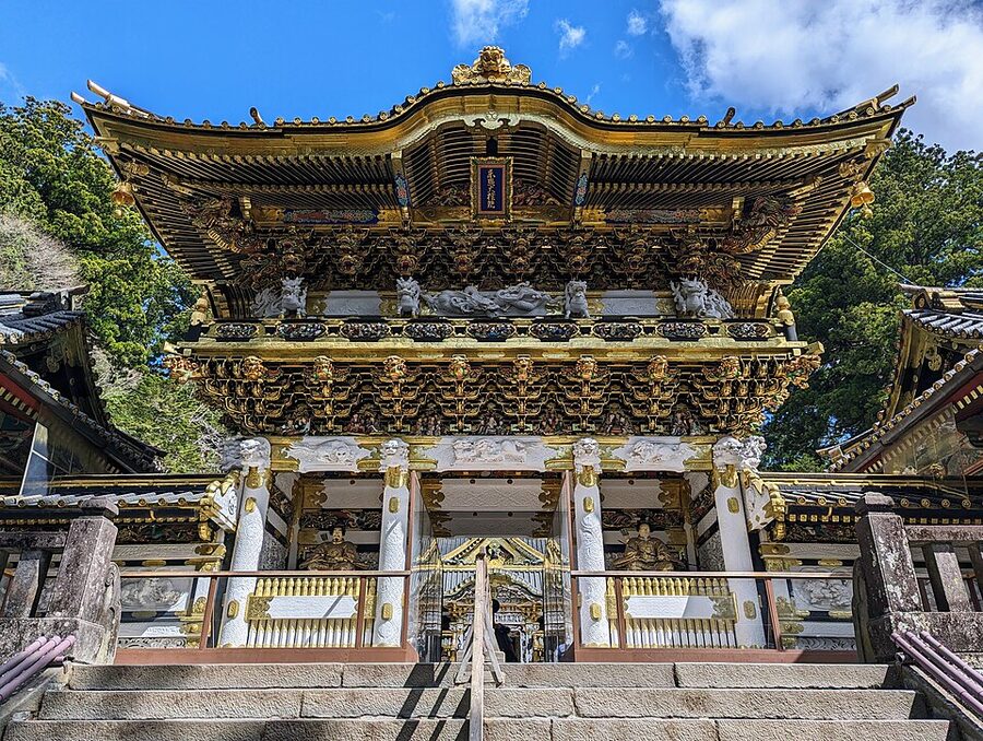The Yomeimon Gate at Nikko Toshogu Shrine in Tochigi Prefecture, the elaborate gilded gate of the UNESCO-listed mausoleum complex built 1636-1641 by Ieyasus grandson Iemitsu to enshrine the deified first shogun as Tosho Daigongen