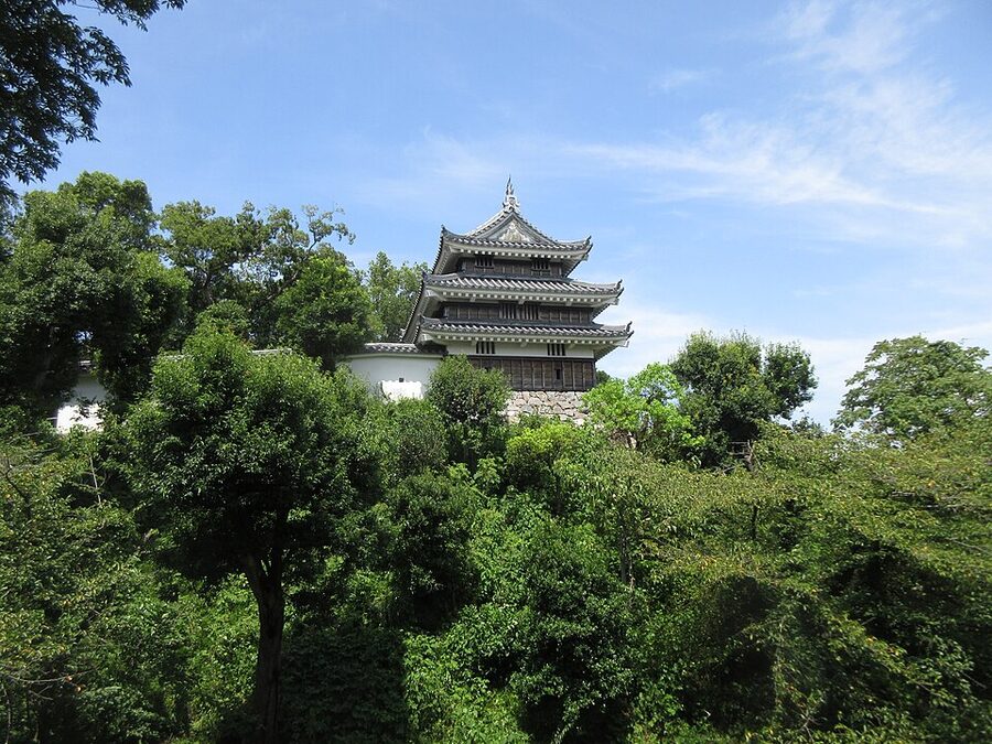 Alternate angle view of Nishio Castle in Nishio Aichi prefecture showing outer moat and walls