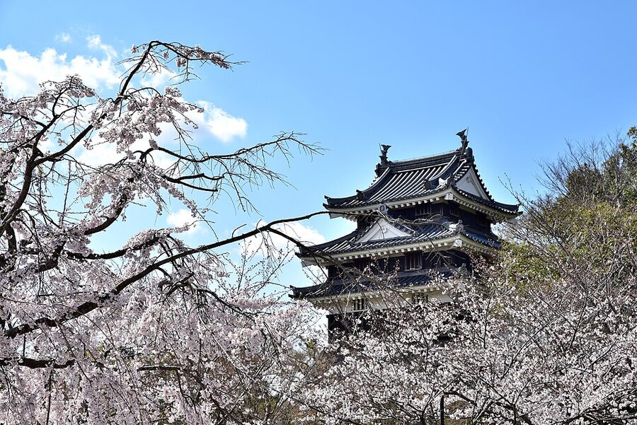 Nishio Castle in Aichi prefecture with reconstructed main yagura tower and stone foundations