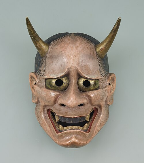 Hannya female demon Noh theatre mask carved in the 17th or 18th century an Important Cultural Property held at Tokyo National Museum