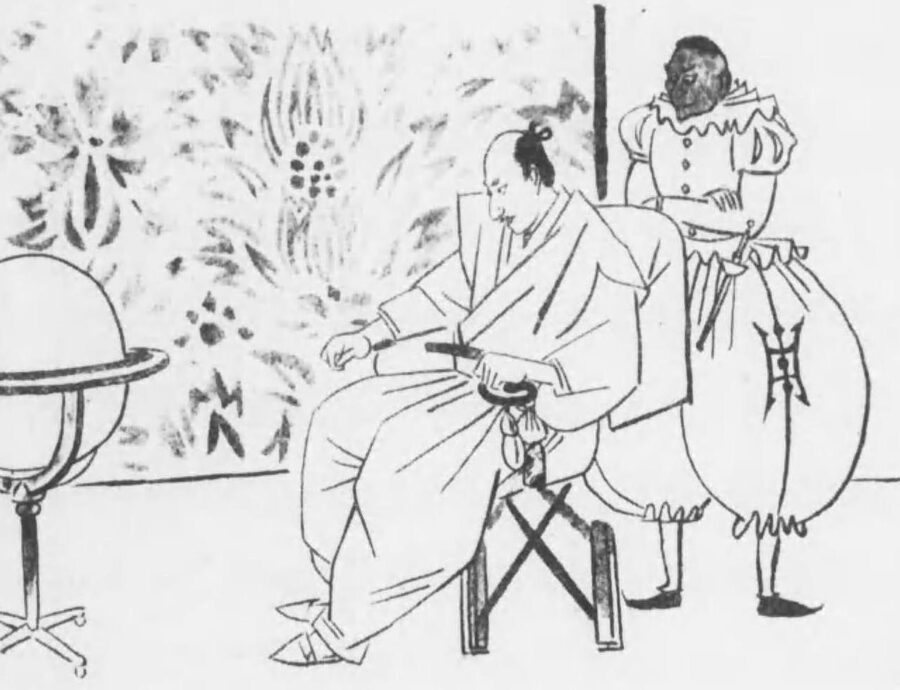Oda Nobunaga seated with his retainer Yasuke