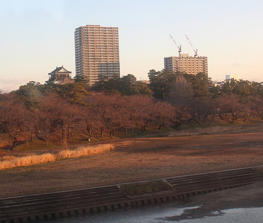 Okazaki Castle keep rising above the Oto River in Aichi Prefecture, the reconstructed fortress marking the site where Tokugawa Ieyasu was born in 1543 as Matsudaira Takechiyo