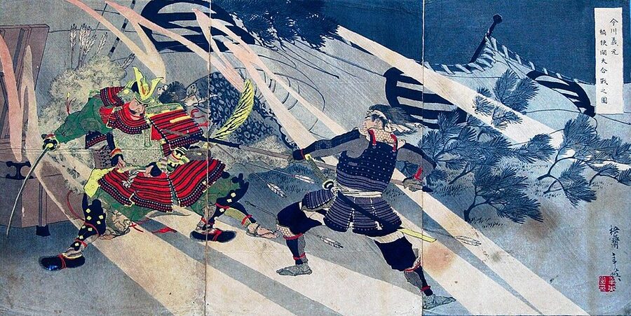 Migita Toshihide Meiji-era print of Imagawa Yoshimoto from the Okehazama Daikassen no Zu series depicting the battles final moments