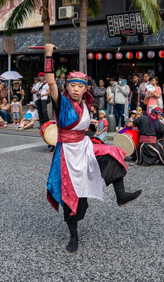Okinawan Eisa drum dancers performing in Naha during the lunar Bon period