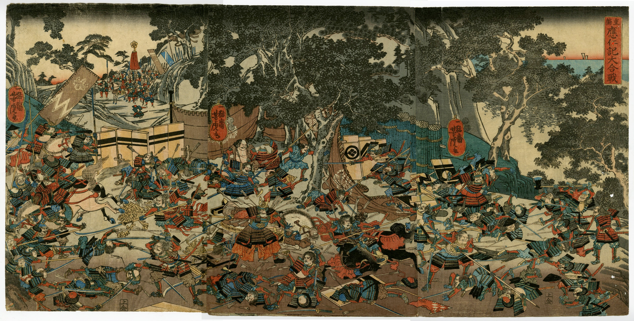 Edo-period ukiyo-e woodblock print depicting a great battle from the 1467-1477 Onin War in Kyoto by Utagawa Yoshitora published around 1850