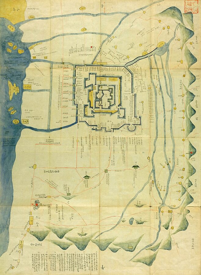 Edo-period map of the Osaka winter campaign 1614 siegeworks around Osaka Castle held at National Diet Library