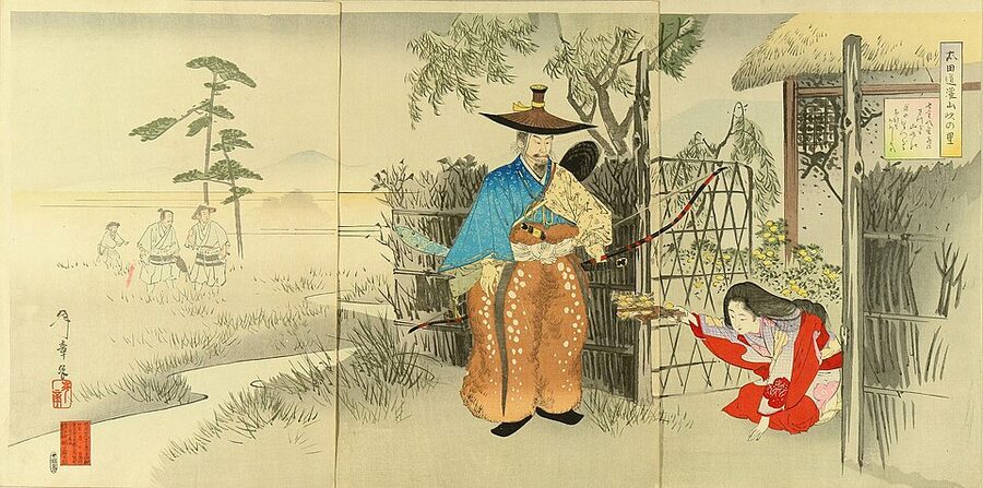 Ukiyo-e woodblock print of Ōta Dōkan receiving a yamabuki rose branch from a village girl in the Yamabuki no sato legend