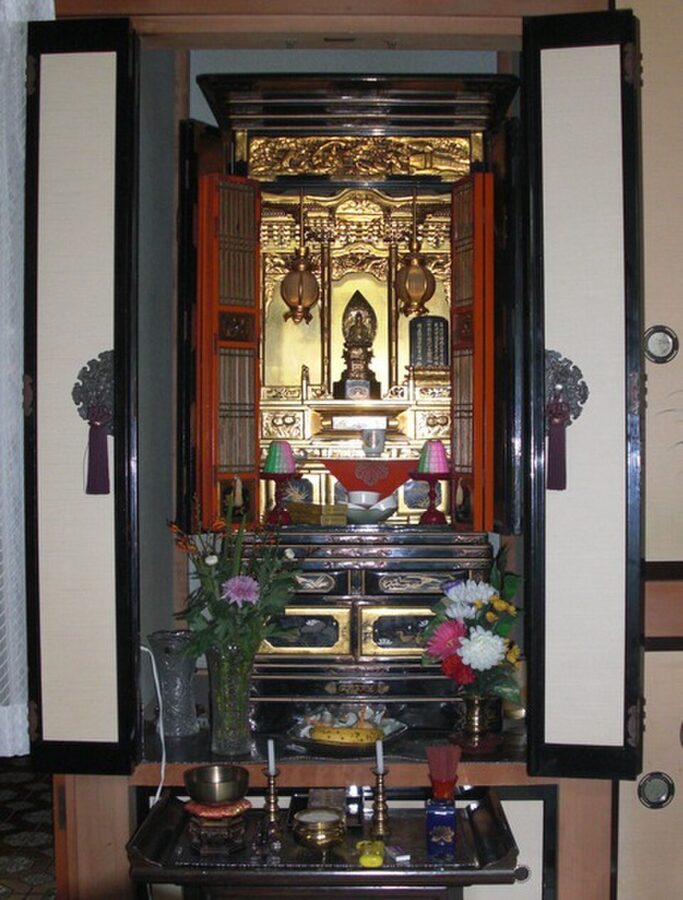 An Otaru-style Japanese black-lacquered butsudan family Buddhist altar from Hokkaido