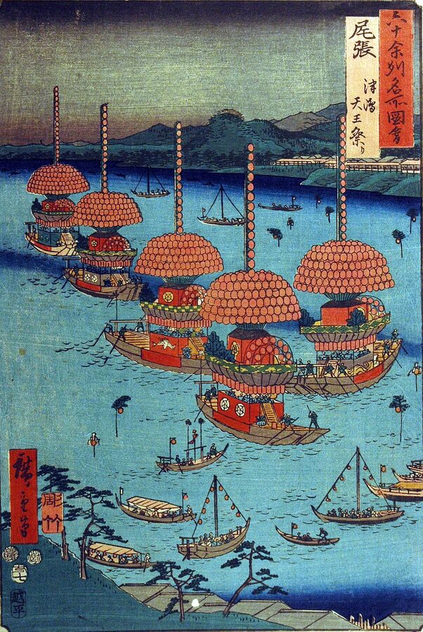 Edo-period ukiyo-e woodblock print depicting the Owari Tsushima Tenno Festival with lantern-decked boats on the Tennō River