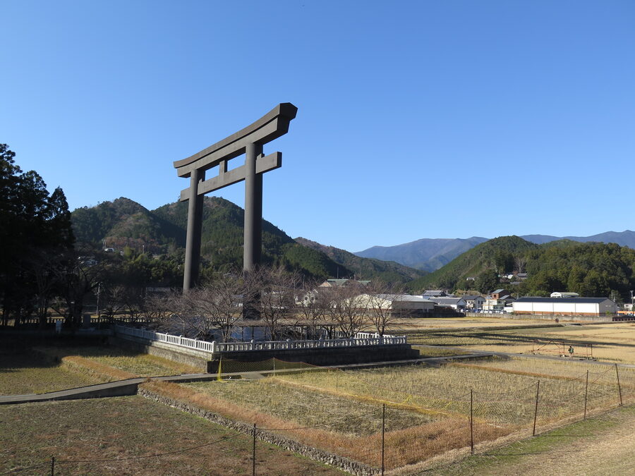 The 33.9-metre Oyunohara torii rising over the rice paddies near Hongu
