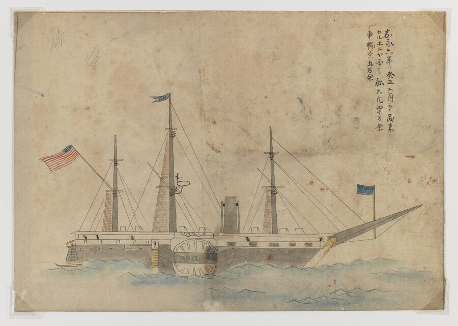 Japanese painting of Commodore Perry's Black Ship from the 1854 Black Ship Scroll showing American steam warship