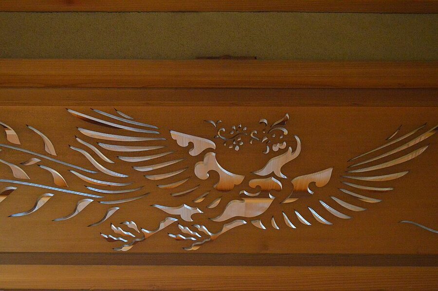 Traditional carved ranma transom above fusuma doors at Ishitani House Chizu Tottori prefecture a preserved Edo-period merchant residence