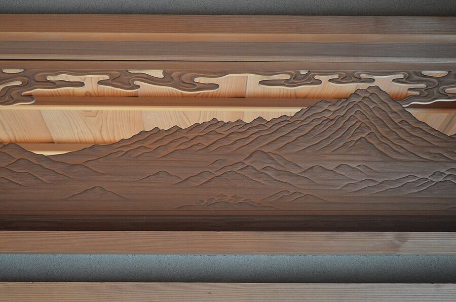 Alternate view of carved ranma transom at Ishitani House showing kumiko wooden lattice construction detail