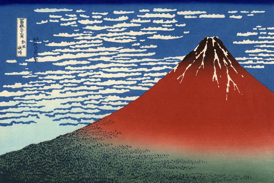Hokusai's Red Fuji, also called Gaifū kaisei, woodblock print of Mount Fuji at dawn