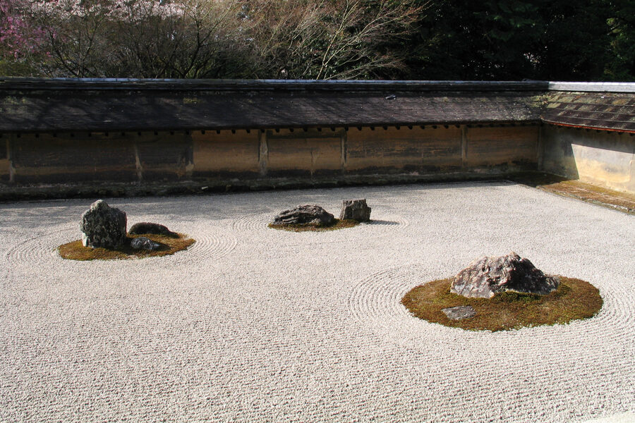 The dry rock garden at Ryoan-ji with fifteen stones on raked gravel
