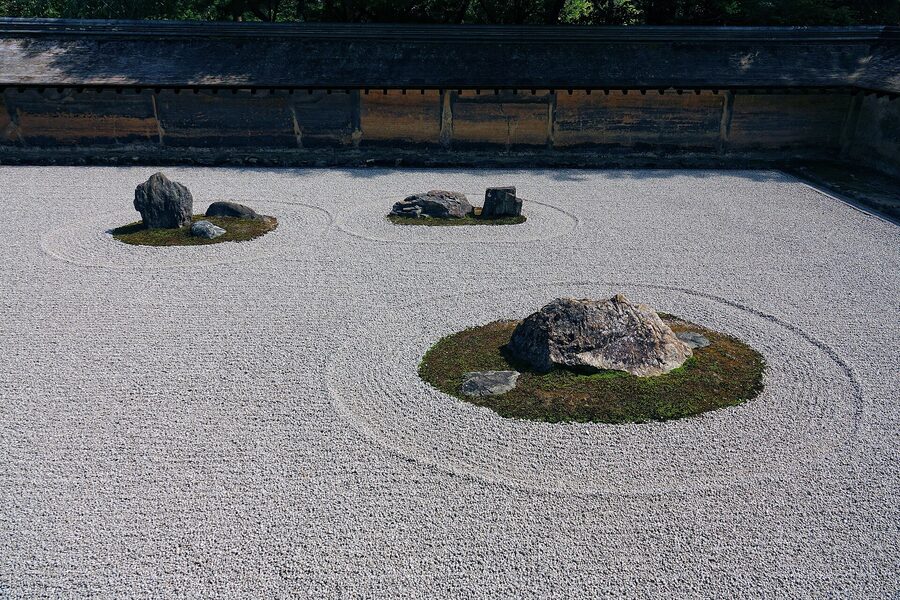 Stones on raked gravel at Ryoan-ji as seen from the abbots veranda