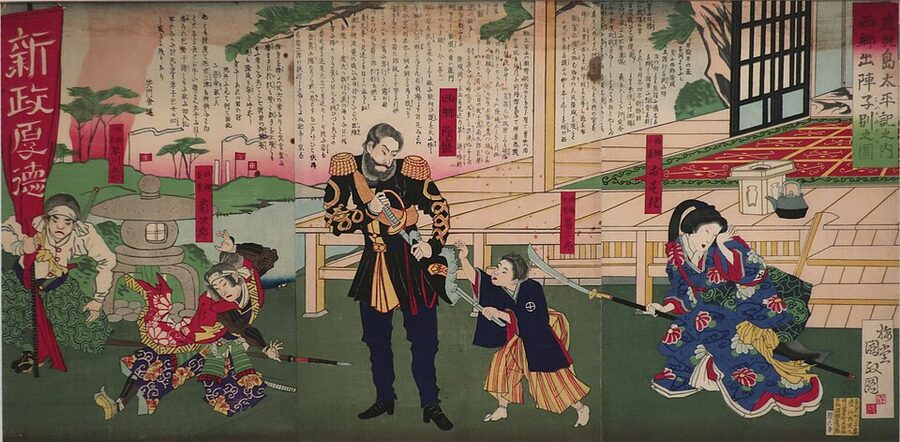 Utagawa Kunimasa V ukiyo-e triptych depicting Saigo Takamori departing from Kagoshima for the Satsuma Rebellion in February 1877