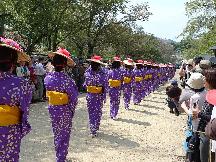 Tourists walking along the Hideyoshi Hanami Line path at Daigo-ji temple in Kyoto with cherry blossoms overhead