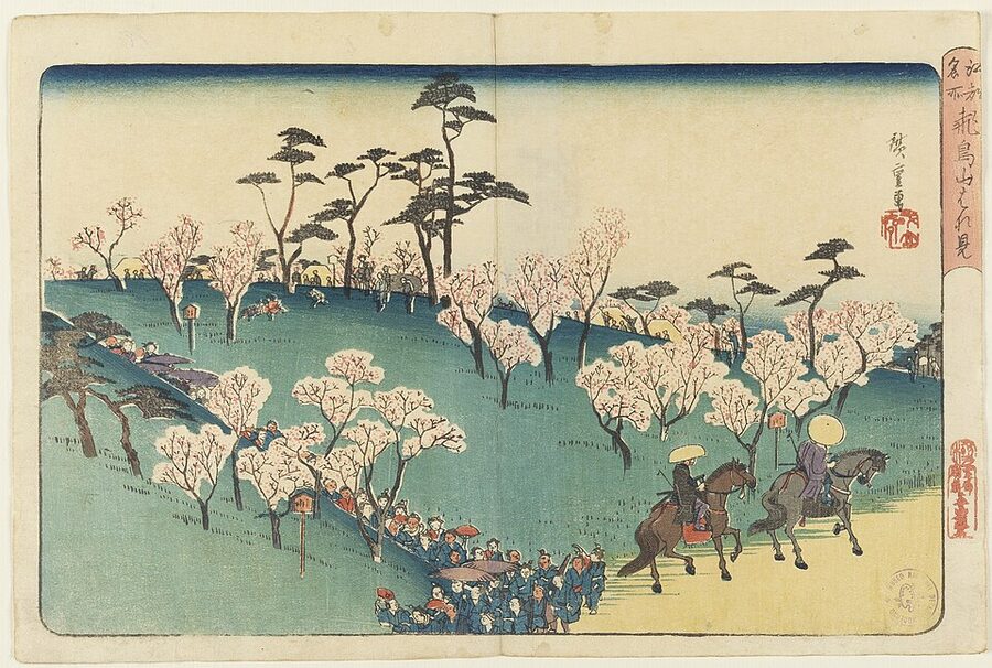 Utagawa Hiroshige ukiyo-e print showing cherry blossom viewing at Asukayama hill in Edo