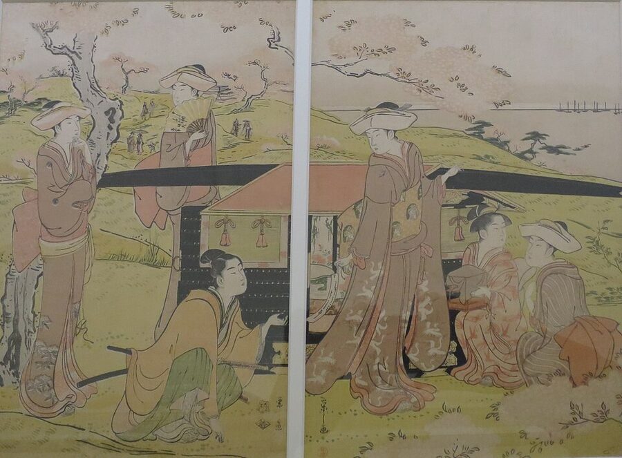 Ukiyo-e print by Chōbunsai Eishi depicting cherry blossom viewing at Goten'yama hill