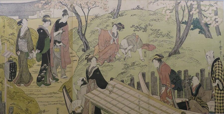 Kitagawa Utamaro 1799 ukiyo-e showing cherry blossom viewing at Mimeguri Shrine on the Sumida River
