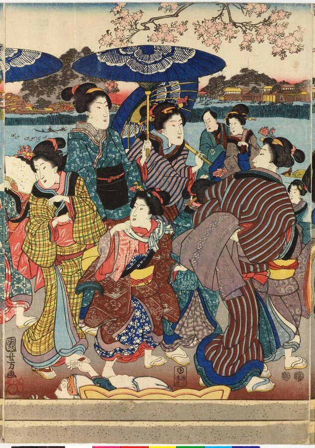 Utagawa Kuniyoshi ukiyo-e of hanami along the Sumida River bank in Edo