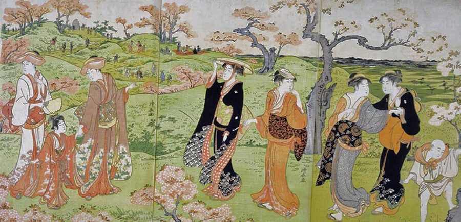 Edo-period ukiyo-e woodblock print by Torii Kiyonaga showing cherry blossom viewing at Asukayama