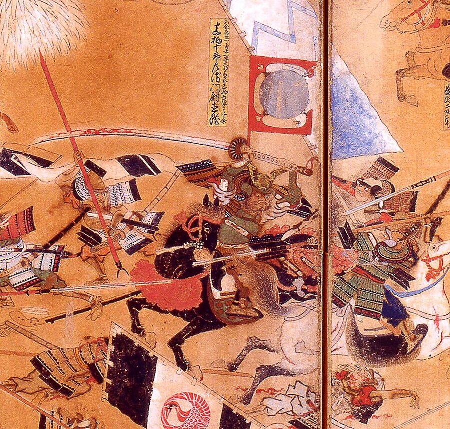 Painted depiction of a mounted samurai in combat with a foot soldier wielding the long odachi sword illustrating the Honda-Magara formal duel
