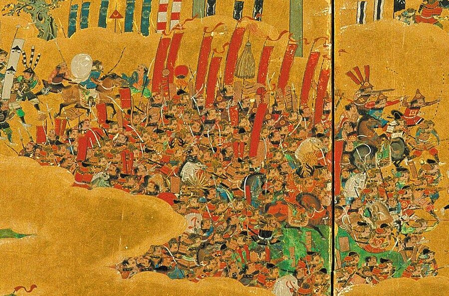 Detail from the Osaka Summer Campaign folding screen showing the red-lacquered akazonae armour of Sanada Yukimura's troops