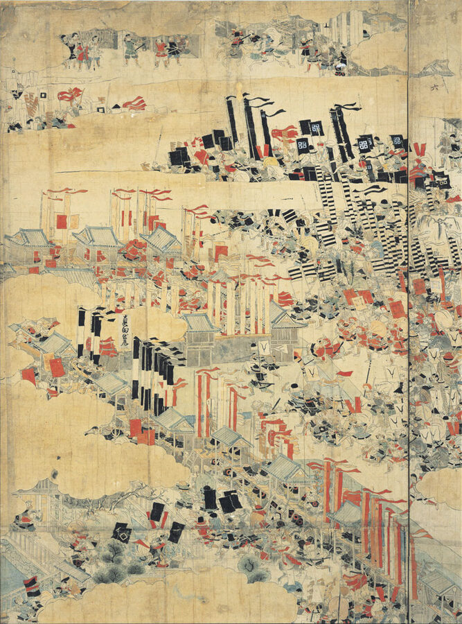 Edo-period folding screen depicting the battle at Sanada Maru during the winter siege of Osaka 1614