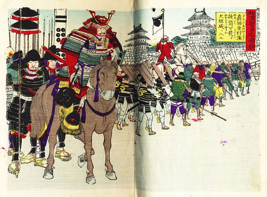 Meiji-era woodblock print depicting Sanada Yukimura with red-armoured troops at the Siege of Osaka