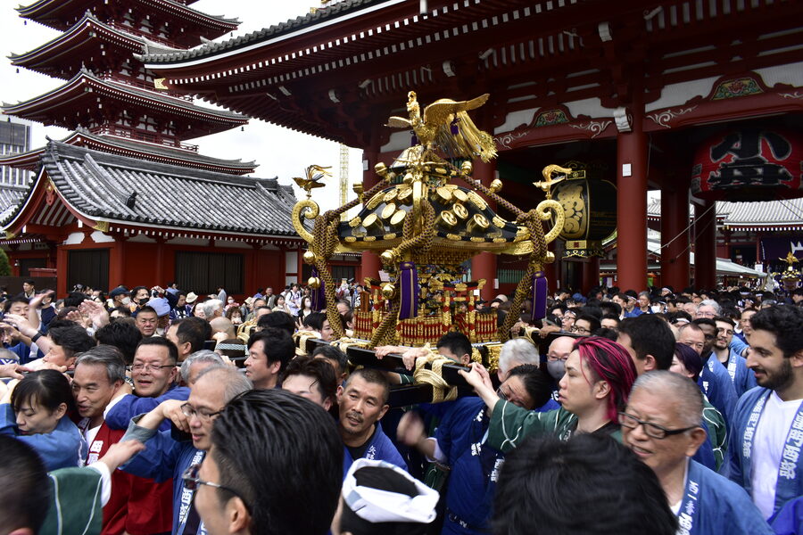 Crowd surrounding a Sanja Matsuri mikoshi in 2023