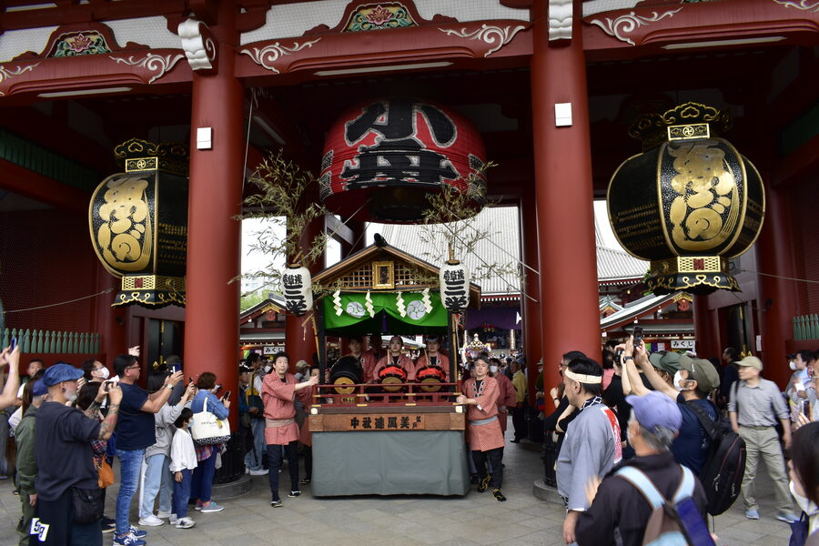 Sanja Matsuri procession 2023 with Tokyo Skytree visible behind