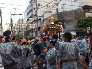 Bearers in happi coats shouldering a Sanja Matsuri mikoshi through Asakusa