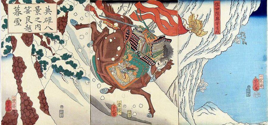 19th-century ukiyo-e of Sassa Narimasa and his men crossing the snowbound Japan Alps on horseback
