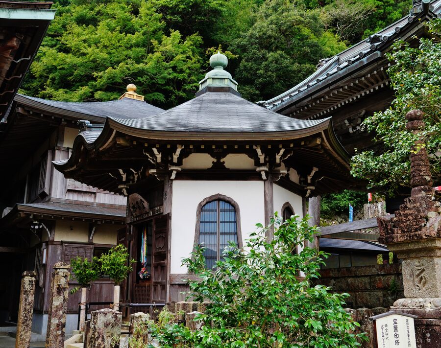 Veranda and cedar columns of Seiganto-ji Buddhist temple at Nachi