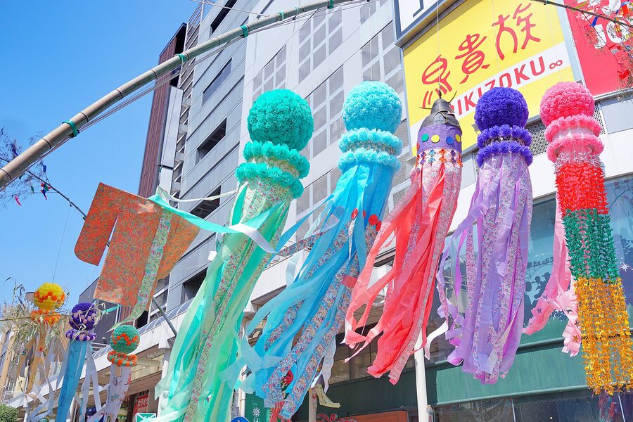Sendai Tanabata fukinagashi streamers forming a canopy in the arcade