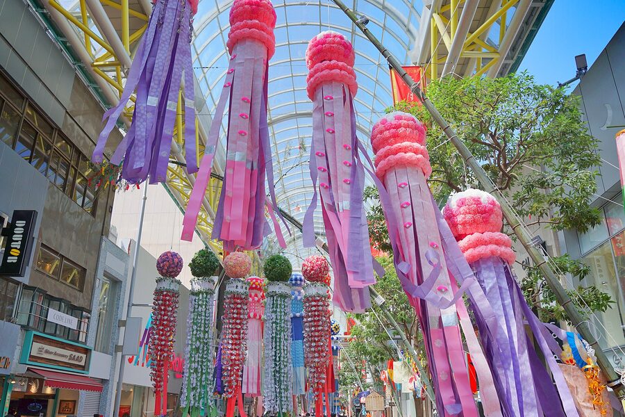 Sendai Tanabata Festival decorations down a shopping street