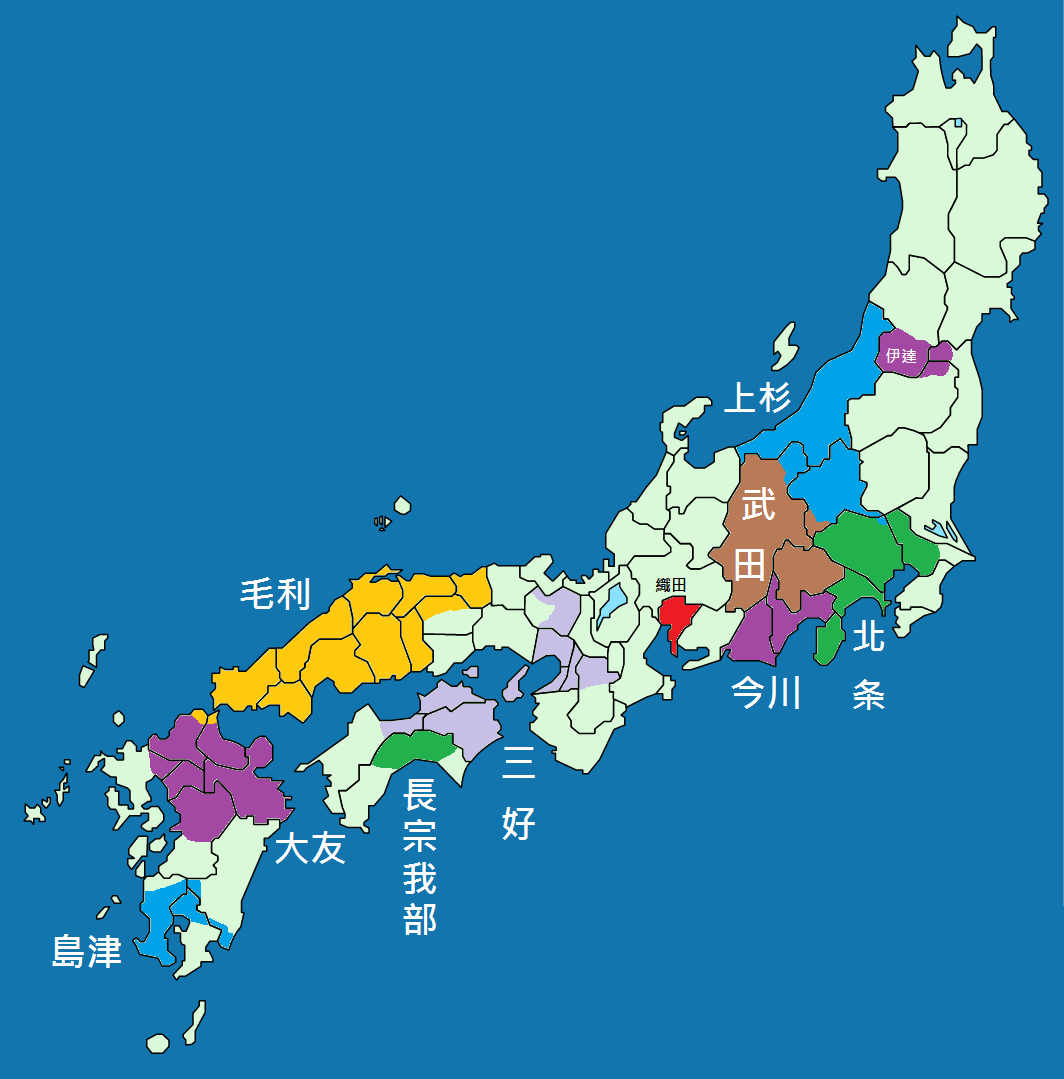 Map of Japan colour-coded by daimyo domain in 1565