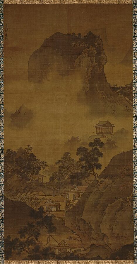 Fall scroll from Sesshu Toyos Landscape of Four Seasons in ink and light color on silk Muromachi era at Tokyo National Museum