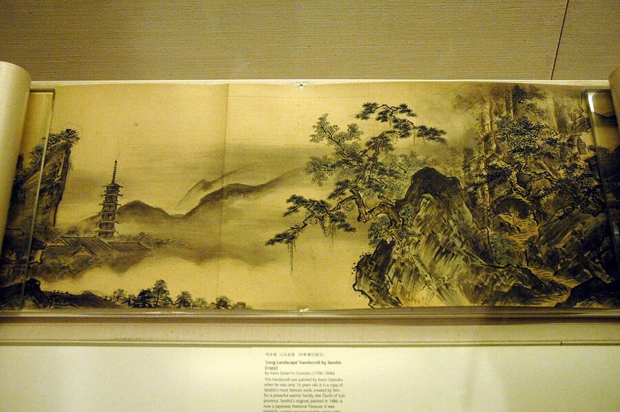 Section from the Long Landscape attributed to Sesshu Toyo from the British Museum collection a panoramic ink scroll of a single Chinese landscape continuum