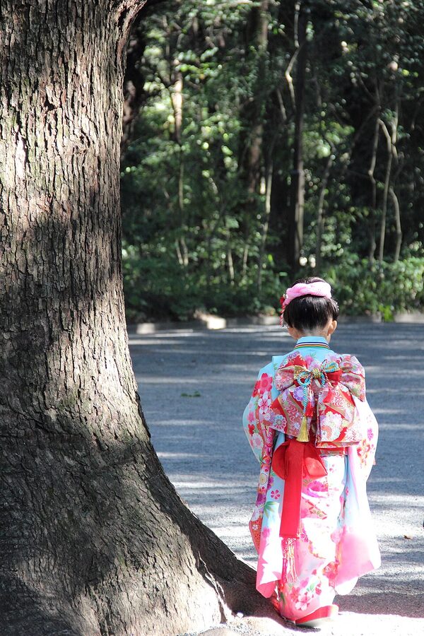 Young Japanese girl in pink kimono with hair ornaments at Meiji Shrine Tokyo for Shichi-Go-San seven-five-three coming of age ceremony
