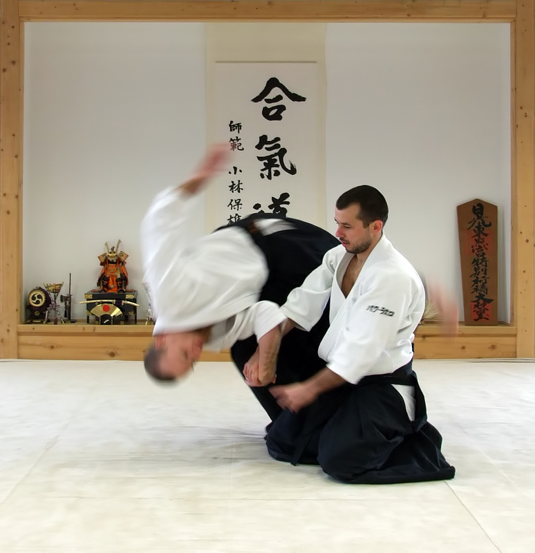 Shihonage, the four-direction throw, performed in seated hanmi hantachi posture